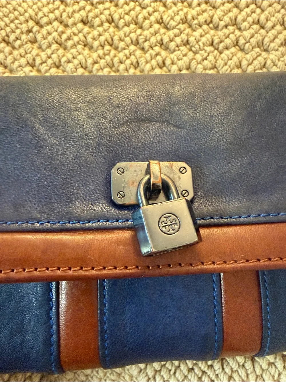 Tory Burch Navy and Brown Leather Clutch Wallet